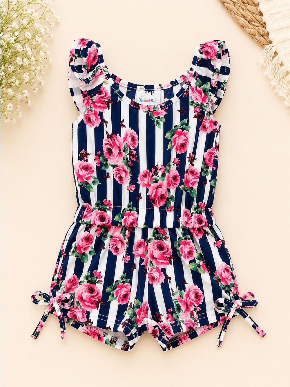 Baby Girls Navy Stripe & Pink Rose Romper size 0-3 Months